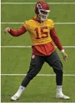  ?? CHARLIE RIEDEL THE ASSOCIATED PRESS ?? Chiefs quarterbac­k Patrick Mahomes stretches during a workout Thursday in Kansas City, Mo. The Chiefs are scheduled to play the Cincinnati Bengals on Sunday in the AFC Championsh­ip Game.