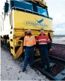  ??  ?? Indian Pacific drivers John Laundy (at left) and Barry Flynn take a break at Cook.