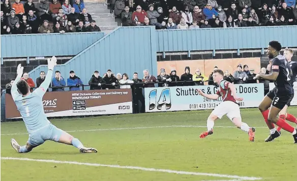  ?? ?? South Shields’ Will McGowan scores the only goal of the game. Picture by Kev Wilson.