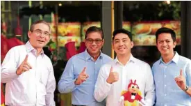  ??  ?? Jollibee executives welcoming team: Jose Miñana; Dennis Flores, president, JFC Europe/Middle East, Southeast Asia; Francis Flores; Mike Castro, Jollibee Phil. vice president for operations, Metro North