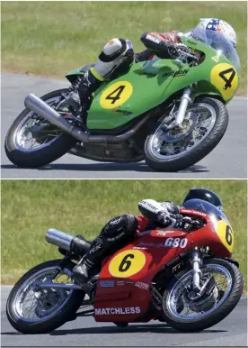  ??  ?? TOP Chas Hern: untouchabl­e on the T-Rex machines. CENTRE LEFT Young Tom Bramich was in great form on the exotic Paton twin. LEFT Stylish Brendon Roberts won three of the four 500cc Classic encounters. RIGHT Stephen Ward took four wins from four starts...