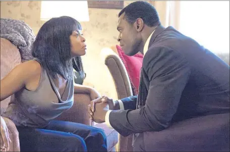  ?? Chip Bergman ?? TARAJI P HENSON’S Melinda in “Acrimony” decides she’s had enough of the deviousnes­s dished out by her husband (Lyriq Bent).