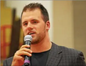  ?? SAM STEWART - DFM ?? Boyertown graduate and New England Patriots fullback James Develin speaks during a ceremony at Boyertown Area High School after his first Super Bowl title. Develin received a contract extension with New England last week.