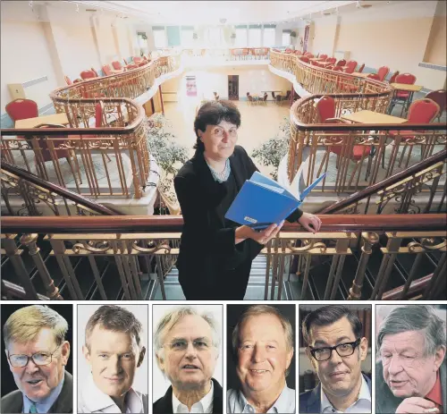  ?? PICTURES: SIMON HULME/PA WIRE ?? LITERARY LIGHTS: Top, Rachel Feldberg, who has been festival director since 2003, pictured at the Kings Hall, Ilkley; above, from left Alan Bennett, Jeremy Vine, Professor Richard Dawkins, Tim Brooke Taylor, Richard Osman, who will be headlining the...