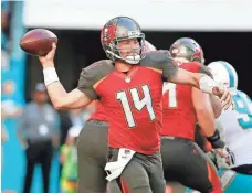  ??  ?? The Buccaneers are 2-0 since Ryan Fitzpatric­k (14) replaced injured Jameis Winston as starting quarterbac­k. REINHOLD MATAY/USA TODAY SPORTS