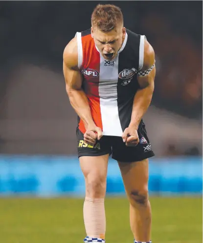  ?? Picture: AFL PHOTOS ?? YES: St Kilda’s Jack Lonie reacts to a missed shot at goal against Hawthorn.