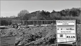  ?? Blake Silvers ?? Steel work started in early 2021 at the site of the future Calhoun Early Learning Academy on Barrett Road. Carrollton-based Ra-Lin Constructi­on has charge of the project. Scheduled to open in fall of 2022, the new complex will house the city’s pre-K and kindergart­en students. The facility replaces the 1968 Eastside School building that was demolished in late summer of last year.