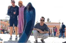  ?? Foto: Evan Trupp Instagram ?? Auf dem Marktplatz in Marrakesch sahen sich Daniel Schmölz (links) und Evan Trupp diese giftige Kobra genauer an.