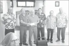  ??  ?? Left to right: Eric Corey (Lodge Secretary), Bryan Mitchell (Master of the Lodge), Rodrick Mcwilliam (Treasurer of the E.T. Shrine Club), Xavier Gullard (DDGM), Robert Farnham, and J.P. Letourneau were part of the August evening where funds were given back to the community