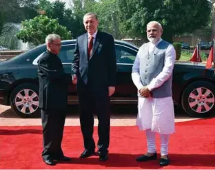 ??  ?? President of the Republic of Turkey Erdogan being received by the President Pranab Mukherjee and Prime Minister Modi at the Ceremonial Reception at Rashtrapat­i Bhavan in New Delhi
