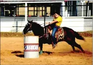  ??  ?? One competitor displaying tremendous improvemen­t from her rookie season of rodeo last year, Maci Atchison, of Stilwell, OKla., won the barrel race in the 12-14 age division at Sunday’s Lincoln Riding Club Play Day.