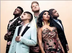  ??  ?? Pentatonix — (from left) Kevin Olusola, Mitch Grassi, Scott Hoying, Kirstin Maldonado and Matt Sallee — performs Wednesday at the Walmart AMP in Rogers, with opening act Echosmith (right) — (from left) Graham, Sydney and Noah Sierota.