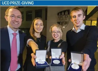  ??  ?? Above: Pictured at the annual prize giving for the UCD School of Agricultur­e and Food Science were Pat O’Keeffe, Glanbia, Aoife Courtney, Glanworth, Cork, Aoibhin Moore Heslin, Carrick On Shannon Co. Leitrim and Patrick Taaffe, Ardee, Louth.