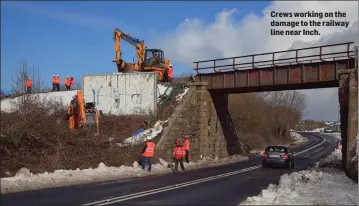  ??  ?? Crews working on the damage to the railway line near Inch.