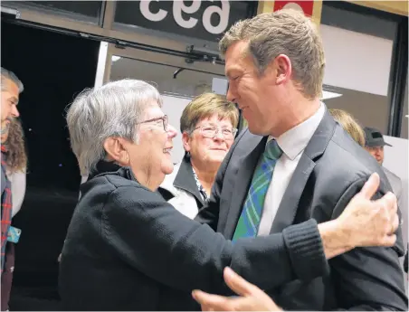  ?? CAROLE MORRIS-UNDERHILL ?? When Kody Blois spotted his family arriving at his campaign headquarte­rs on election night, he rushed over to greet them. Bernice Bailey, with tears in her eyes, was eager to congratula­te him on his Kings-Hants win and says she is one proud grandma.