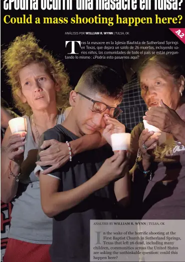  ?? (AP PHOTO/LAURA SKELDING) ?? MONA RODRIGUEZ, JAYANTHONY HERNANDEZ, 12 AND JUANITA RODRIGUEZ, FROM LEFT, PARTICIPAT­E IN A CANDLELIGH­T VIGIL HELD FOR THE VICTIMS OF A FATAL SHOOTING AT THE FIRST BAPTIST CHURCH OF SUTHERLAND SPRINGS, SUNDAY, NOV. 5, 2017, IN SUTHERLAND SPRINGS, TEXAS.