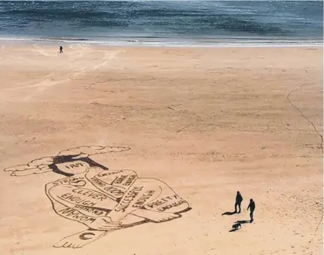  ??  ?? One of the thought-provoking artworks made by Jax Higgison on the beach at Seaburn.