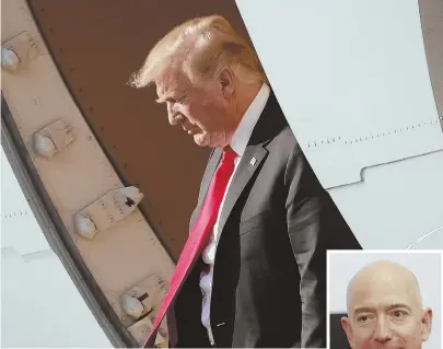  ?? AP PHOTOS ?? PRIME FOR BATTLE: President Trump, above, took to Twitter yesterday to criticize Amazon, owned by Jeff Bezos, right, over its contract with the U.S. Postal Service, claiming that it’s a loss for the USPS.