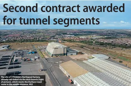  ?? ?? The site of STRABAG’s Hartlepool factory, already rail-linked via the dock branch (right of picture), which meets the Durham Coast route in the middle distance. HS2