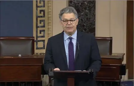  ?? SENATE TV VIA AP ?? Sen. Al Franken, D-Minn., speaks on the Senate floor of the Capitol in Washington, Thursday morning. Franken said he will resign from the Senate in coming weeks following a wave of sexual misconduct allegation­s and a collapse of support from his...