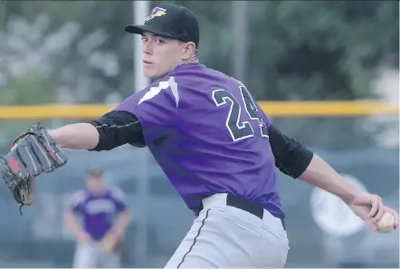  ?? DAN JANISSE ?? Tecumseh Thunder pitcher Joel Pierce winds up during the Ontario senior eliminatio­n tournament against Milton on Friday at Lacasse Park in Tecumseh. The Thunder clinched the crown with a 4-2 win over the Strathroy Royals at Cullen Stadium on Monday.