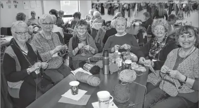  ?? CHRISTIAN ROACH/CAPE BRETON POST ?? From left, Diane Harris, Helen Huntington, Mary Lou Blundon, Jill Harcourt, Betty Wells, Irene Boutilier, were at the KnitFit Knit-a-thon at the McConnell Library on Saturday. The event had more than 60 knitters who were creating items to help Cape...