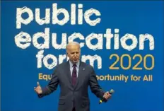  ?? Pam Panchak/Post-Gazette ?? Democratic presidenti­al candidate Joe Biden speaks to the crowd during the MSNBC Presidenti­al Candidate Public Education Forum 2020 at the David L. Lawrence Convention Center in December.