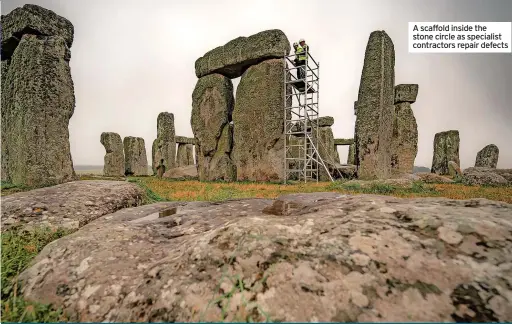  ??  ?? A scaffold inside the stone circle as specialist contractor­s repair defects