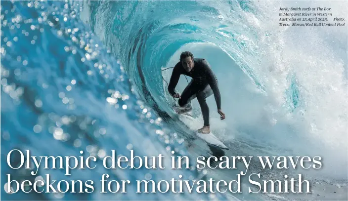  ?? ?? Jordy Smith surfs at The Box in Margaret River in Western Australia on 23 April 2023. Photo: Trevor Moran/red Bull Content Pool