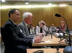  ??  ?? Radio NZ chairman Richard Griffin, centre, and chief executive Paul Thompson, left, give evidence to a parliament­ary select committee.