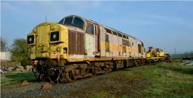  ?? Kevin Delaney ?? Standing at the end of the siding at Warcop on the Eden Valley Railway which has been its home since 2011, 37042 awaits the start of its revival on April 21, 2018. Despite looking rather worn on the outside, internally the Class 37 is in good condition, and the initial phase of its restoratio­n is progressin­g well.