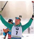  ?? FOTO: DPA ?? Johannes Kühn jubelt an der Ziellinie von Pokljuka.