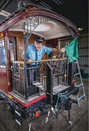  ?? Picture: ROB LEESON ?? David Walsh, 80, who was the manager of the royal train trip with Charles and Di, is reunited with the royal train. It will be on the tracks in Victoria from tomorrow.