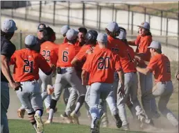  ?? Courtesy of Jennifer Kendall ?? Marysville celebrates a walk-off win over Sierra, 1-0 at home Thursday in the Sac-joaquin Section Division IV playoffs.