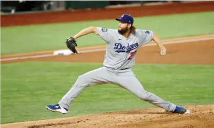  ??  ?? LA Dodgers pitcher Clayton Kershaw fanned six in Game 5 to become the all-time postseason leader in strikeouts. Photograph: Kevin Jairaj/USA Today Sports