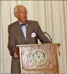  ??  ?? Contribute­d photo by Peg Arey
Former Georgia Supreme Court Chief Justice Norman Fletcher speaks to the Rome Rotary Club on Thursday. He said, “I, too, believe it is time we quit tinkering with the machinery of death and totally abolish this barbaric...