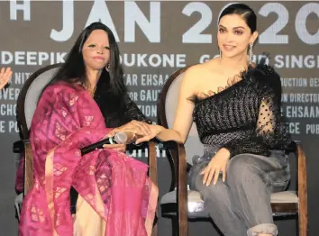  ?? IANS ?? ACID attack survivor Laxmi Agarwal, with actress Deepika Padukone, at the launch of the title track of her film Chhapaak in Mumbai on Friday.