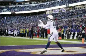  ?? NICK WASS - THE ASSOCIATED PRESS ?? Los Angeles Chargers wide receiver Mike Williams catches a pass for a two-point conversion in the second half of an NFL wild card playoff football game against the Baltimore Ravens, Sunday, Jan. 6, 2019, in Baltimore.