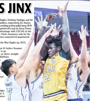  ?? PHOTOGRAPH BY RIO DELUVIO FOR THE DAILY TRIBUNE @tribunephl_rio ?? NU defenders smother Adama Faye of UST during their UAAP Season 85 men’s tournament game yesterday at the Mall of Asia Arena. The Bulldogs won, 67-57.