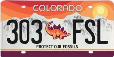  ?? PROVIDED BY DINOSAUR RIDGE ?? Colorado is so proud of its paleontolo­gial finds that a new stegosauru­s- themed license plate was released on Jan. 1.