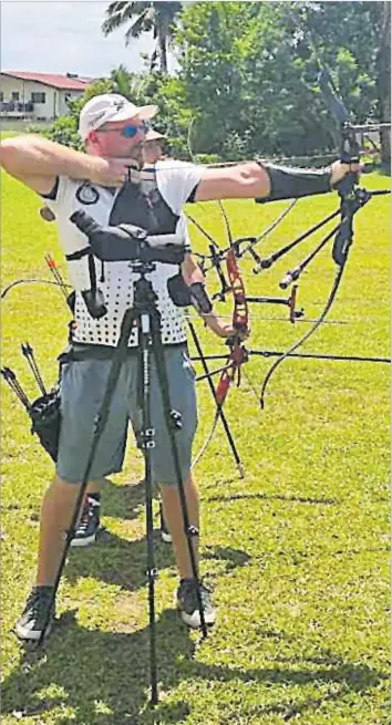  ?? Picture: SUPPLIED ?? Nathan Kirk lines up a shot during a practice session with the Team Fiji archers. Team Fiji Archery will be travelling to New Zealand this week to compete at the Oceania Qualificat­ion Tournament for Paris 2024 Olympic Games.