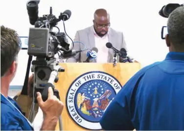  ?? Associated Press file photo ?? Arkansas prison department spokesman Solomon Graves speaks to reporters on April 24 amid a series of executions at the Cummins Unit prison at Varner, Ark. Additional arguments over whether the state’s three-drug execution protocol are expected if the...