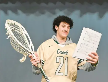  ?? JEFFREY F. BILL/STAFF PHOTOS ?? Indian Creek boys lacrosse goalie Ty Spencer reads lines for the school play. Spencer has shown his versatilit­y over the past four years, splitting time between sports and plays.