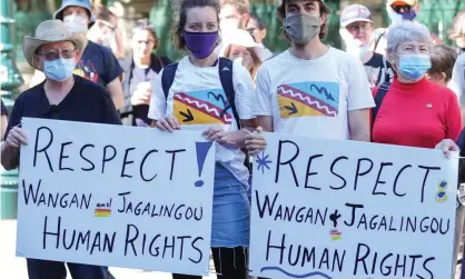  ?? Photograph: Russell Freeman/AAP ?? Anti-Adani protesters in Brisbane in August, the same month a group of Wangan and Jagalingou traditiona­l owners began occupying the mine site.