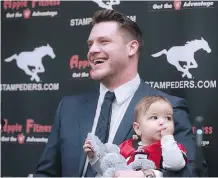  ?? GAVIN YOUNG ?? The Stampeders’ Rob Cote, respected for his presence on and off the field, announced, with son Wynn, his retirement Tuesday.