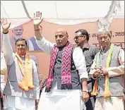  ?? HT PHOTO ?? Defence minister Rajnath Singh during an election rally in Gauchar in Chamoli district on Friday.