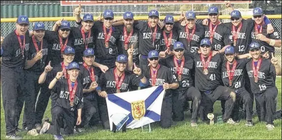  ??  ?? The 2017 Canadian senior men’s fastpitch champion East Hants Mastodons. Front row, from left, batboy Ty Campbell, Darcy Gillis, Jonah Wright, Joel Isenor, Jay Duffy, Aaron Harvey, Justin Schofield, Coby Crowell and Jeff Ellsworth. Second row, manager Darcy Campbell, Aaron Long, Cody Anthony, Alex Anthony, Jason Sanford, Nick Shailes, Travis Nevin, assistant coach Mike Wood, Jake Hopewell, coach Chris Hopewell, Donnelly Archibald and Patrick Stewart.