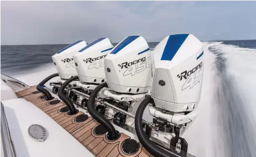  ??  ?? 1,800 ponies, ready to boogie: The Nor-Tech 450 Sport’s color-matched cowlings and super-clean installati­on makes quite the impression on the lake.