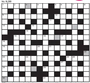  ??  ?? FOR your chance to win, solve the crossword to reveal the word reading down the shaded boxes. HOW TO ENTER: Call 0901 293 6233 and leave today’s answer and your details, or TEXT 65700 with the word CRYPTIC, your answer and your name. Texts and calls cost £1 plus standard network charges. Or enter by post by sending completed crossword to Daily Mail Prize Crossword 16269, PO Box 28, Colchester, Essex CO2 8GF. Please include your name and address. One weekly winner chosen from all correct daily entries received between 00.01 Monday and 23.59 Friday. Postal entries must be date-stamped no later than the following day to qualify. Calls/texts must be received by 23.59; answers change at 00.01. UK residents aged 18+, exc NI. Terms apply, see Page 62.