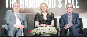  ?? — GETTY IMAGES FILES ?? Showrunner Bruce Miller, star Elisabeth Moss and executive producer Warren Littlefiel­d of The Handmaid’s Tale speak to TV critics in Pasadena, Calif.